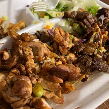 Mos No 2 - Chicken and Beef Combination Plate (took this pic after I had already started eating..) - Barbeque Near Me - Anaheim, California