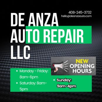 De Anza Auto Repair - Starting May 2024 we are opening on Sundays! - Auto Repair Near Me - Sunnyvale, California De Anza Auto Repair - Starting May 2024 we are opening on Sundays! - Auto Repair Near Me - Sunnyvale, California