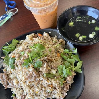 Pho 881 Restaurant - Thai tea (top), beef and egg stir fried rice (bottom left), and broth (right) - Vietnamese Near Me - Long Beach, California Pho 881 Restaurant - Thai tea (top), beef and egg stir fried rice (bottom left), and broth (right) - Vietnamese Near Me - Long Beach, California