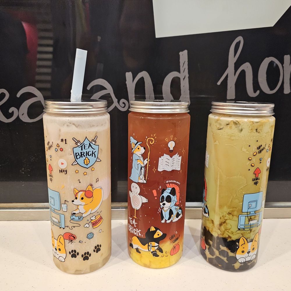 Tea Brick - Left: Party Punch Tea Middle: Dragon Ball Right: Original Matchamisu Milk Tea - Tea Rooms Near Me - Monterey Park, California