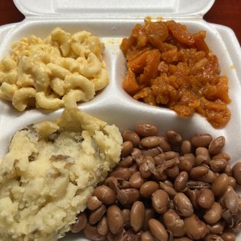 Brown’s Kitchen - Mashed potatoes (unseasoned and no gravy), pinto beans (hard and crunchy), sweet potatoes (good and seasoned well) and macaroni and cheese - Soul Food Near Me - McDonough, Georgia