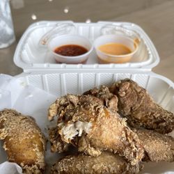 Yomie's Rice x Yogurt - Crispy Salt & Pepper Wings and dipping sauces.