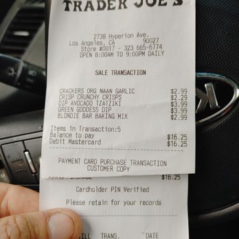 Trader Joe's - Receipt from today's transaction. - Grocery Near Me - Los Angeles, California Trader Joe's - Receipt from today's transaction. - Grocery Near Me - Los Angeles, California