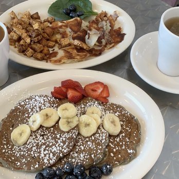 Stella's Cafe - Vegan blueberry pancakes with seasonal fruit; spicy tofu scramble with home fries - Breakfast & Brunch Near Me - Wildwood, New Jersey Stella's Cafe - Vegan blueberry pancakes with seasonal fruit; spicy tofu scramble with home fries - Breakfast & Brunch Near Me - Wildwood, New Jersey