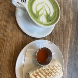 Commonplace Coffee - Vanilla Matcha latte and breakfast burrito