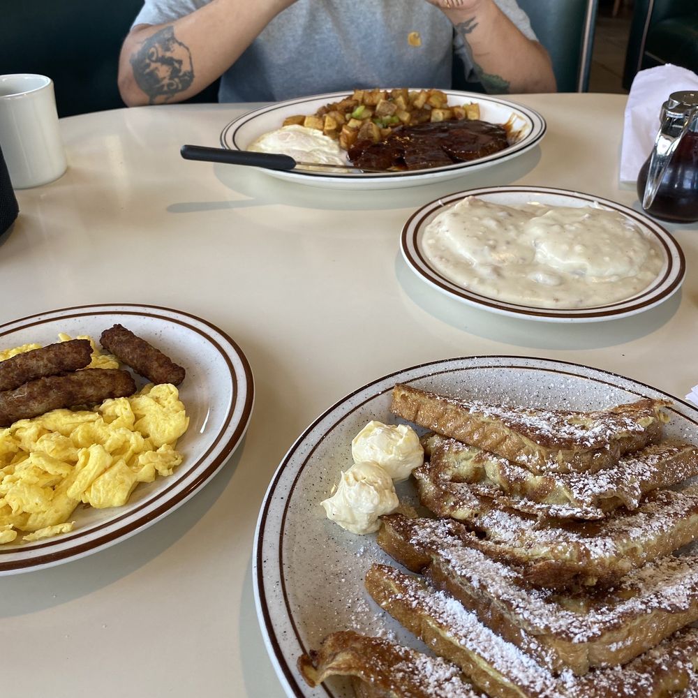Teriyaki steak, eggs, and O'Brien potatoes  French toast combo with eggs and sausage