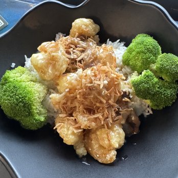 Puffy's Magic Dragon - Coconut walnut shrimp with steamed broccoli on white rice - Asian Fusion Near Me - Carolina Beach, North Carolina