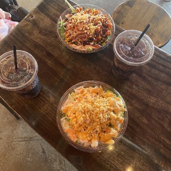 Poke Bros - Hula Bowl and a custom bowl with brown rice, salad, spicy chicken and toppings. - Poke Near Me - Columbia, South Carolina Poke Bros - Hula Bowl and a custom bowl with brown rice, salad, spicy chicken and toppings. - Poke Near Me - Columbia, South Carolina