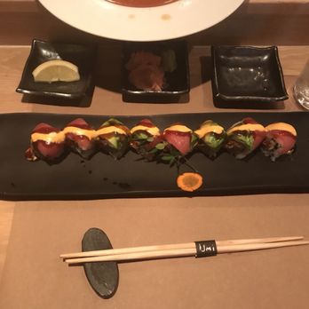 Umi - American Tuna Roll - spicy tuna & cucumber topped with tuna, avocado, spicy mayo, and eel sauce - Sushi Bars Near Me - Atlanta, Georgia Umi - American Tuna Roll - spicy tuna & cucumber topped with tuna, avocado, spicy mayo, and eel sauce - Sushi Bars Near Me - Atlanta, Georgia