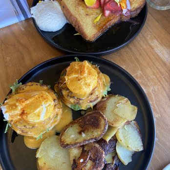 Sugar and Scribe  - Top: Brioche French Toast Bottom: Crabby Jones Benedict - Bakeries Near Me - La Jolla, California