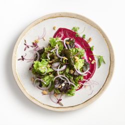 Local Gourmet Catering  - Baby greens on top of a beet & yogurt puree with crumbled cashews, pickled red onions and lemon honey vinaigrette.