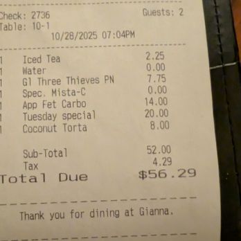 Gianna Italian Kitchen - typical check - Italian Near Me - Tomball, Texas Gianna Italian Kitchen - typical check - Italian Near Me - Tomball, Texas