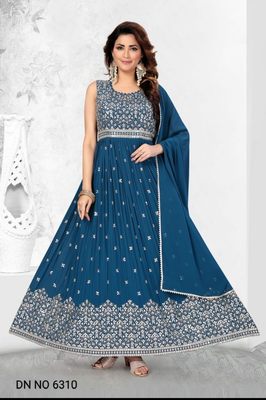 Designer gowns - Indian Gown with resham work baby doll cut floor length! Pure zari and rhinestone all over. Florals with gold touch Designer gowns - Indian Gown with resham work baby doll cut floor length! Pure zari and rhinestone all over. Florals with gold touch