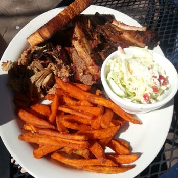 Georgia Boys BBQ - Frederick - Three meat plate with coleslaw and sweet potato fries. - Barbeque Near Me - Frederick, Colorado Georgia Boys BBQ - Frederick - Three meat plate with coleslaw and sweet potato fries. - Barbeque Near Me - Frederick, Colorado