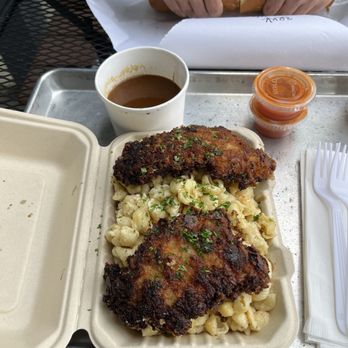 The Workshop - Fried Pork chops with brown gravy over a bed of Mac n cheese - Cajun/Creole Near Me - Benicia, California