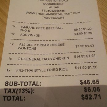 Pho Truc Lam - Bill with tax breakdown. No charge for take out containers! - Vietnamese Near Me - Woodbridge, Ontario