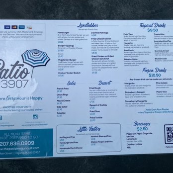 Patio 03907 - Menu - Menu from Patio 03907 in Ogunquit, ME, offering seafood dishes, burgers, hot dogs, tropical drinks, frozen drinks, and beverages. - Seafood Near Me - Ogunquit, Maine