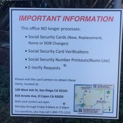 San Diego Social Security Card Center - 8505 Aero Drive SS office does not process the following listed on this post.
