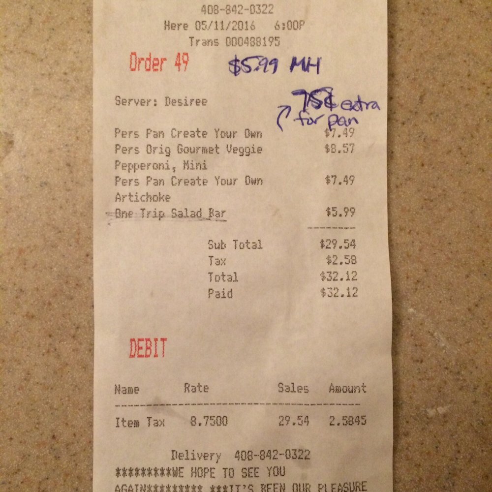 Round Table Pizza - Receipt, rip off - Pizza Near Me - Gilroy, California