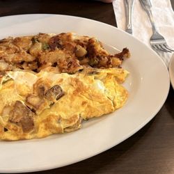 Grilled Eggplant & Mozzarella Omelette with home fries and rye toast