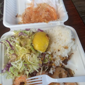 Savage Shrimp - Garlic shrimp much smaller once peeled. All food comes in take out containers and plastic fork - Seafood Near Me - Koloa, Hawaii Savage Shrimp - Garlic shrimp much smaller once peeled. All food comes in take out containers and plastic fork - Seafood Near Me - Koloa, Hawaii