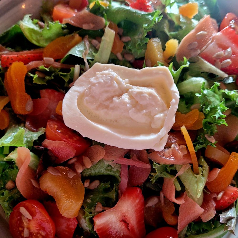 Strawberry, pickled rhubarb, apricot salad with Burrata.