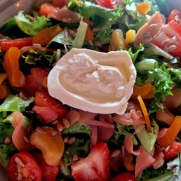 Strawberry, pickled rhubarb, apricot salad with Burrata.