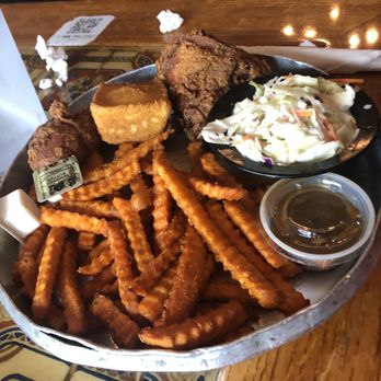 Gold Rush BBQ - Fried dark meat chicken dinner with sweet potato fries, corn bread, and slaw. - Barbeque Near Me - Venice, Florida