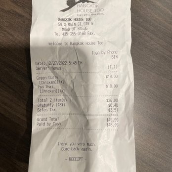 Bangkok House Too - Receipt from pickup order - Thai Near Me - Moab, Utah