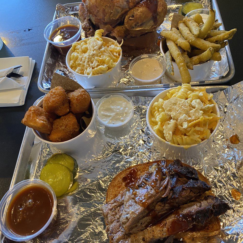 Bell's BBQ - Meals for Royalty- Chicken on Top- Brisket on Bottom. Mac and Cheese Both. Fried Cauliflower as well - Barbeque Near Me - Henderson, Nevada