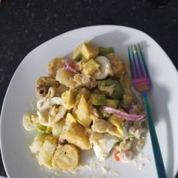 Codfish salad with ripe boiled plantain, yucca, yam, potato, (bacalao con veduras) Codfish salad with ripe boiled plantain, yucca, yam, potato, (bacalao con veduras)