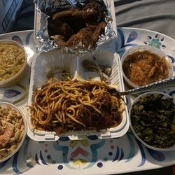Macho's Street Kitchen - Seafood salad, Mac n cheese, Chicken & Spaghetti, Candied Yams, Collards