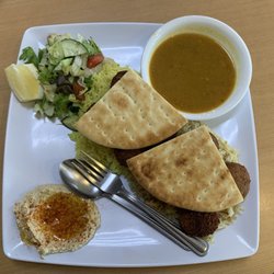 Falafel meal with lentil soup