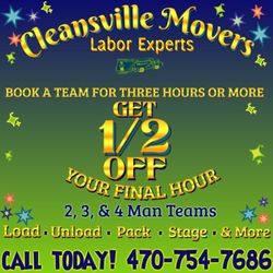 Cleansville Movers - SPRING INTO SUMMER PROMOTION!

BOOK A 2-, 3-, OR 4-MAN TEAM AND GET HALF OFF YOUR LAST HOUR! TELL US ABOUT YOUR PROJECT TODAY!