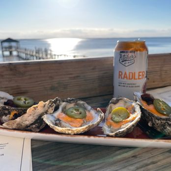 NC Coast Grill & Bar - Oysters with pimento cheese, jalapeño & pork belly. So good! - New American Near Me - Kitty Hawk, North Carolina