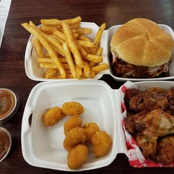 Carrol Lou's Smokehouse - pulled chicken sandwich, smoked wings, corn nuggets, fries - American Near Me - Decatur, Illinois