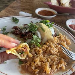 Dona Carmen's Restaurant - Asada Tacos with beans & Rice.