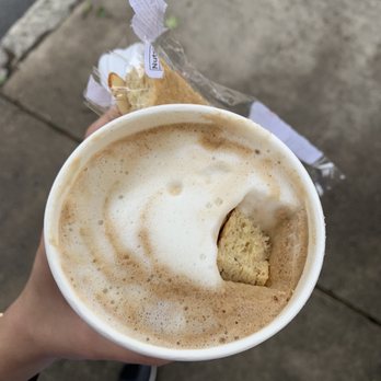 Zaruma Gold Coffee - My latte and biscotti! Started sinking as I took photo, very formidable foam though, I was very happy with both. - Coffee & Tea Near Me - Somerville, Massachusetts