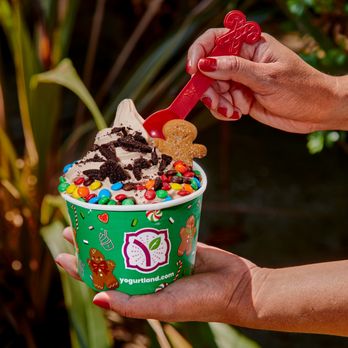 Yogurtland - Peppermint Mocha Frozen Yogurt topped with Mini Gingerbread Men Cookies, Mini M&M’s, and Cookies & Cream Crumbles - Ice Cream & Frozen Yogurt Near Me - Garden Grove, California Yogurtland - Peppermint Mocha Frozen Yogurt topped with Mini Gingerbread Men Cookies, Mini M&M’s, and Cookies & Cream Crumbles - Ice Cream & Frozen Yogurt Near Me - Garden Grove, California