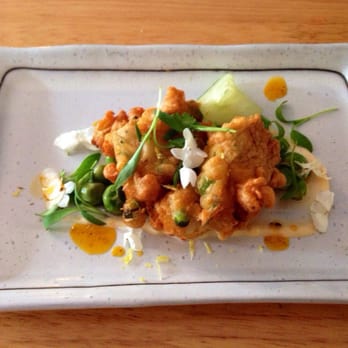 Prubechu - Sweet and sour battered rock shrimp with fresh spring peas (and pea flowers joining the party too) - Guamanian Near Me - San Francisco, California Prubechu - Sweet and sour battered rock shrimp with fresh spring peas (and pea flowers joining the party too) - Guamanian Near Me - San Francisco, California