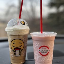 Scooter's Coffee - Iced Caramelicious and iced based strawberry smoothie