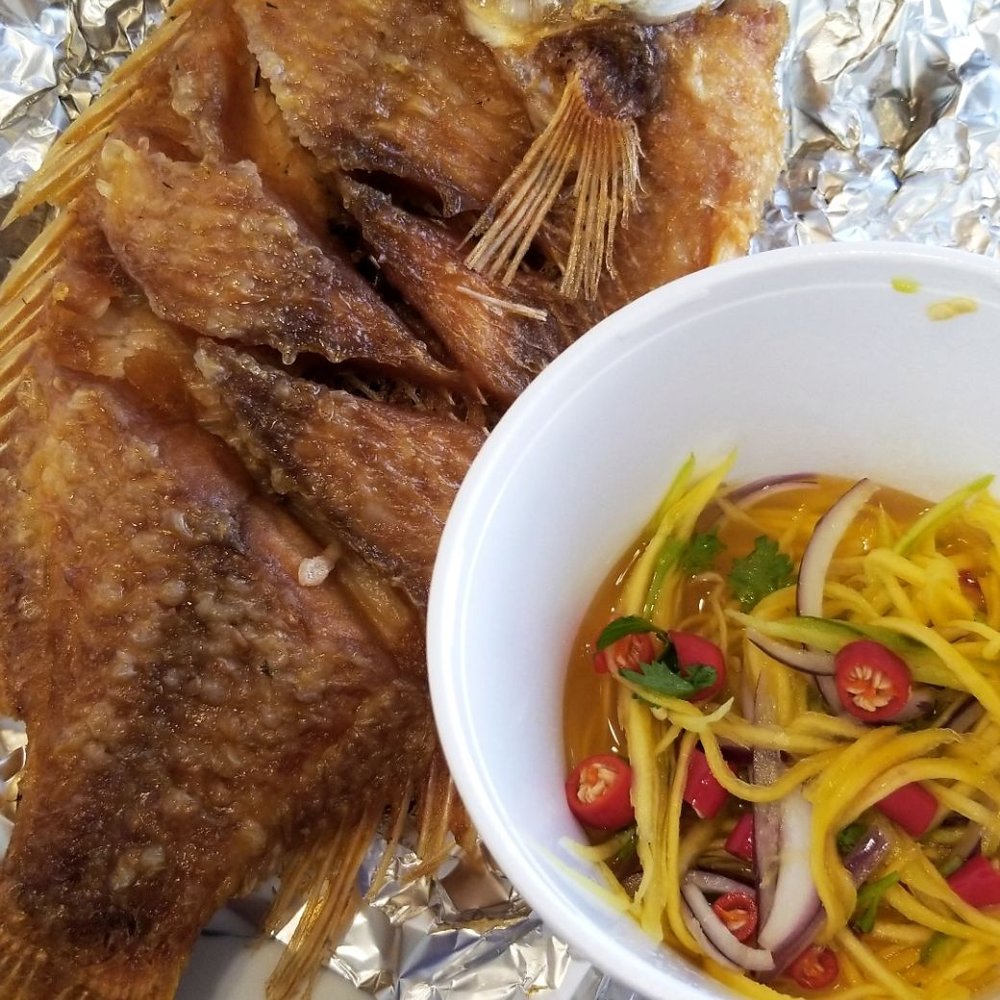 Alom Dee - Item #109-Fried Crispy Tilapia, Spicy Mango Salad, Garlic Fish sauce (not pictured) 18 Euro=very good! 4.5/5 authentic but expensive - Thai Near Me - Ramstein-Miesenbach, RP