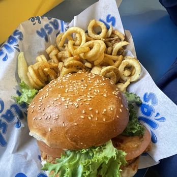 Splash Cafe - Chicken Sandwich with a side of curly fries - American Near Me - Pismo Beach, California