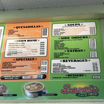 Sarai's Taco Shop - Menu as of Feb 2026 - Mexican Near Me - Chula Vista, California