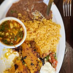 Tepeyac Cocina Mexicana - Birria Taco Plate - the corn tacos are made fresh like everything else! That bowl is for dipping. Rice, refried beans, salad, sour cream.