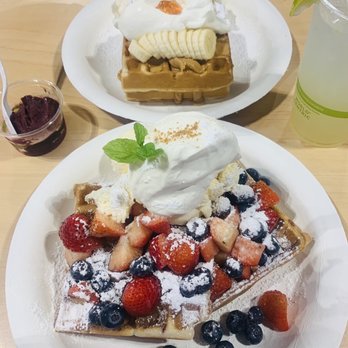 Waffle and Berry - Top: peanut butter banana waffle Bottom: Berries and cream with added Nutella - Waffles Near Me - Honolulu, Hawaii Waffle and Berry - Top: peanut butter banana waffle Bottom: Berries and cream with added Nutella - Waffles Near Me - Honolulu, Hawaii