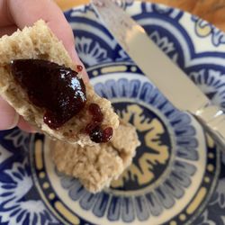 The Nightfall Inn - Homemade scone with homemade blueberry jelly as the breakfast appetizer while Kelly makes your breakfast! Best scone I've ever had!