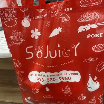 So Juicy - Red handout bag with your meal. Cute - Japanese Near Me - Bloomfield, New Jersey