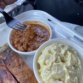 Hog-N-Bones Leesburg - 3 rib plate with baked beans and potato salad - Barbeque Near Me - Leesburg, Georgia