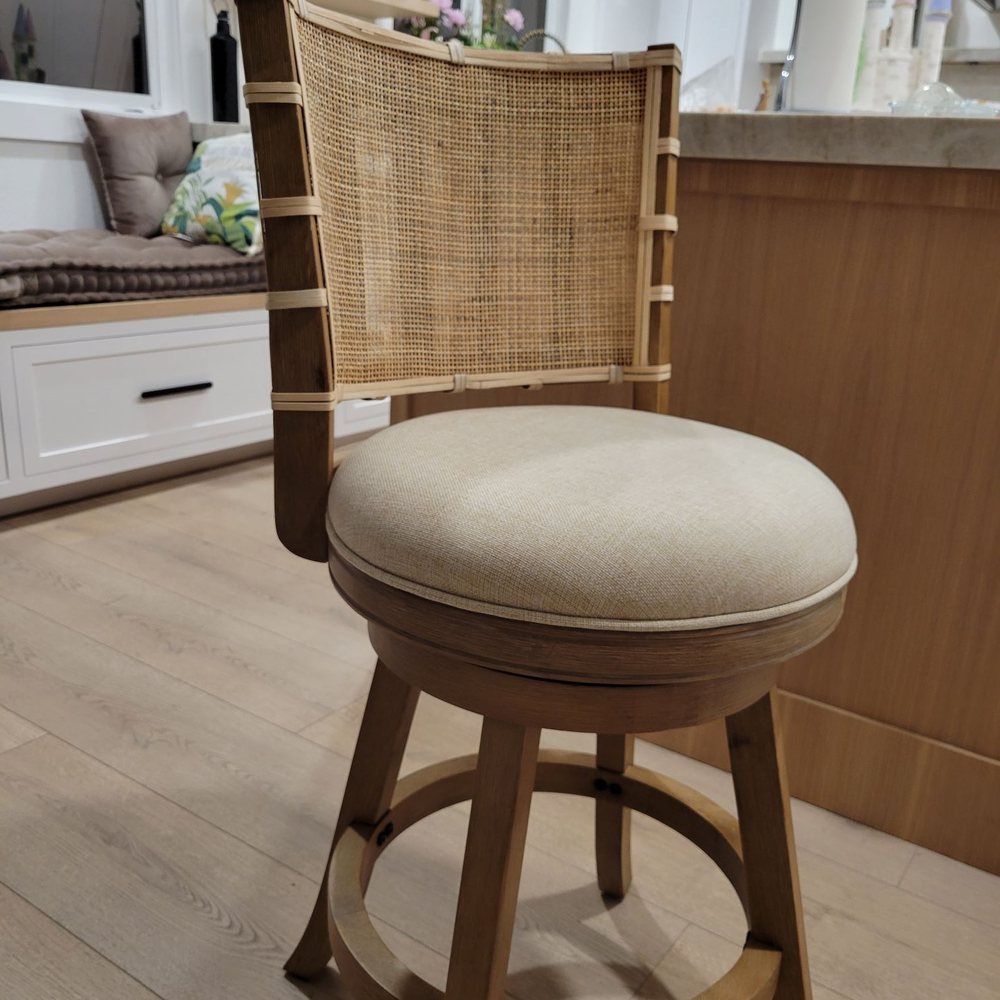 Point by Point Studio - The original chairs didn't have cane/wicker and Point by Point Studio wrapped the cane around the front and back of the stools. - Furniture Repair Near Me Point by Point Studio - The original chairs didn't have cane/wicker and Point by Point Studio wrapped the cane around the front and back of the stools. - Furniture Repair Near Me